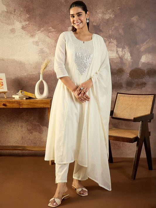 Women Solid Cotton A-Line Kurta with Trousers & Dupatta