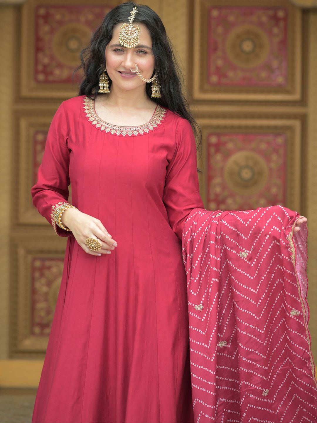 Dhiyona IE Ethnic Motifs Embroidered Liva Anarkali Kurta With Trousers & Dupatta