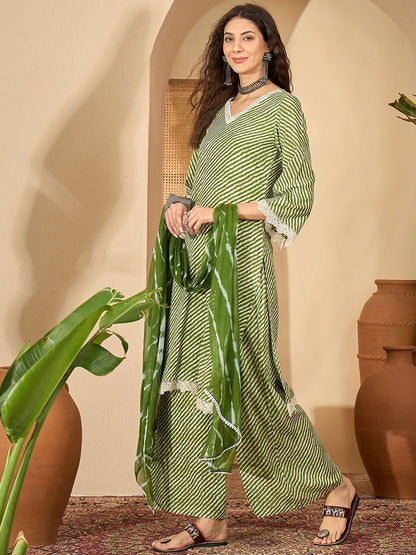Dhiyona SN Women's Leheriya Printed Straight Kurta With Palazzo & Dupatta
