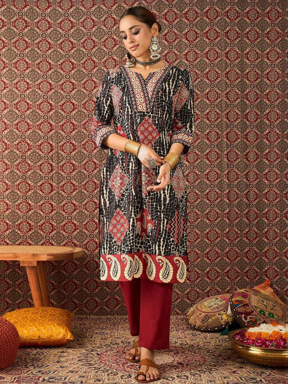 Dhiyona IE Printed Pure Cotton V-Neck Tunic With Trouser