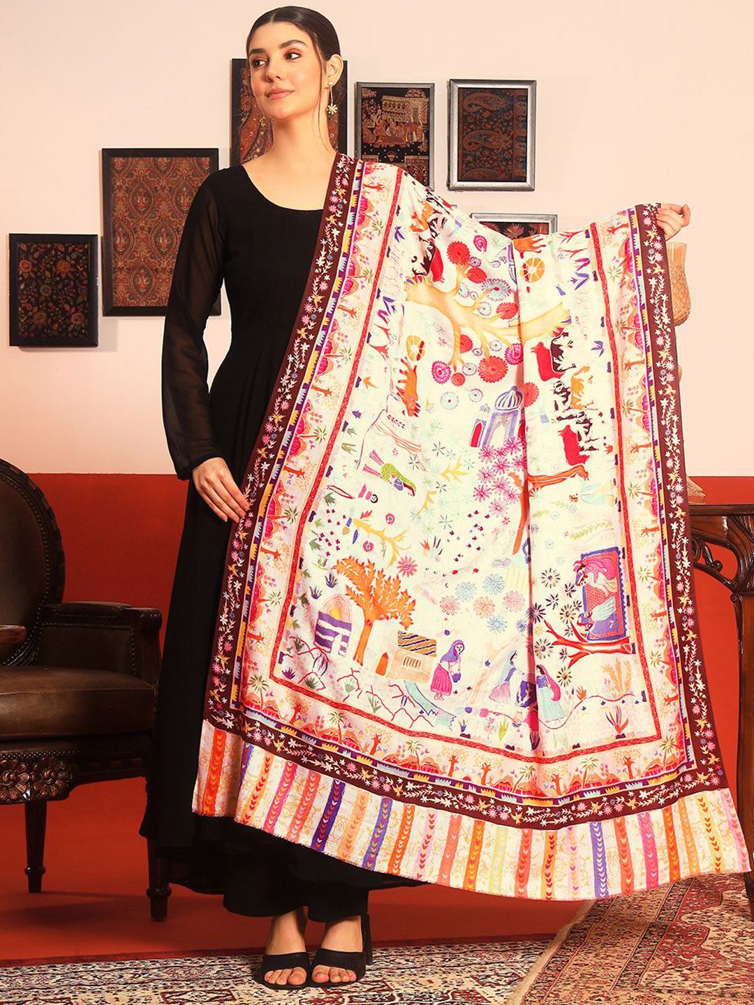 Dhiyona PA Floral Kalamkari Printed Woollen & Silk Shawl