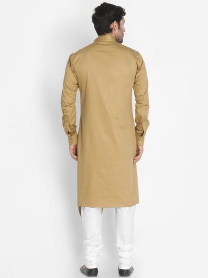 Men's Chiku Cotton Cotton Satin Asymmetric Kurta Pyjama Set