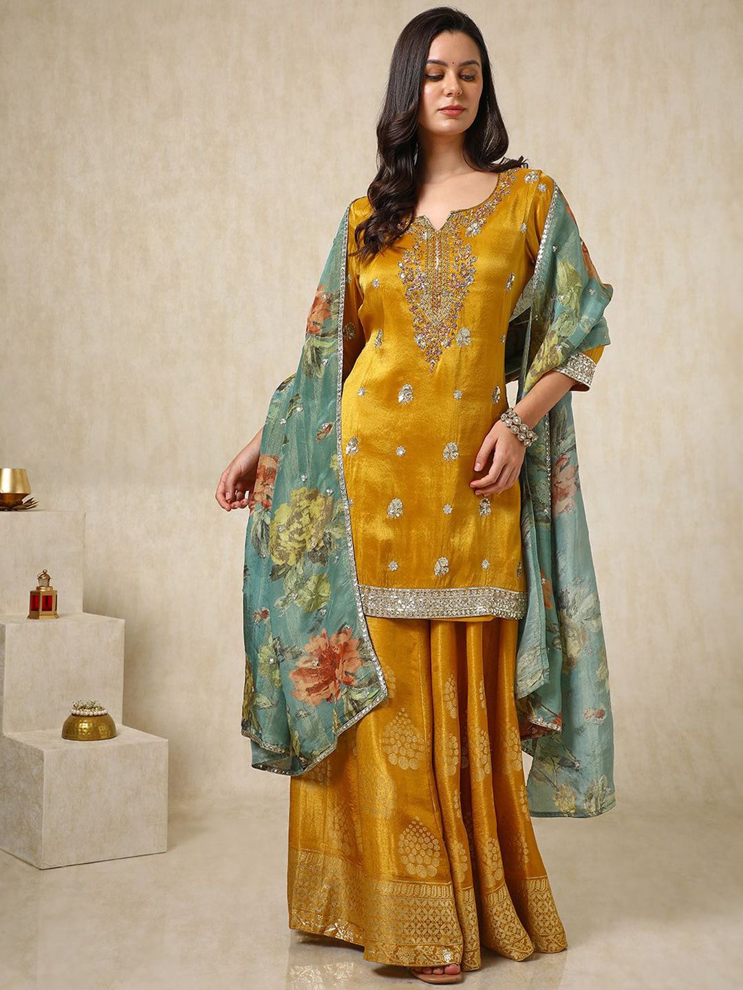 Dhiyona SO Women's Ethnic Motifs Embroidered Zari Straight Kurti with Palazzos & Dupatta