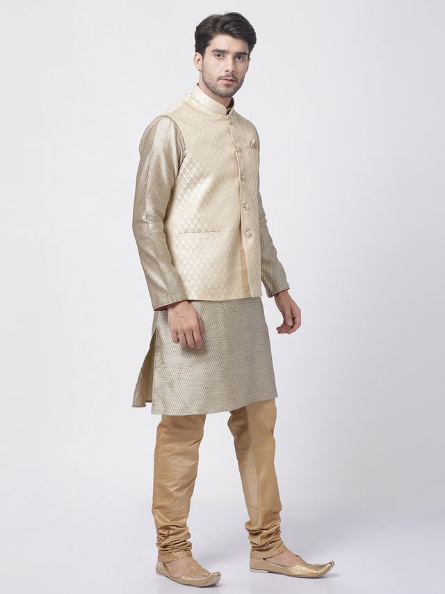 Men's Beige Silk Blend Straight Jacket  Kurta and Pyjama Set
