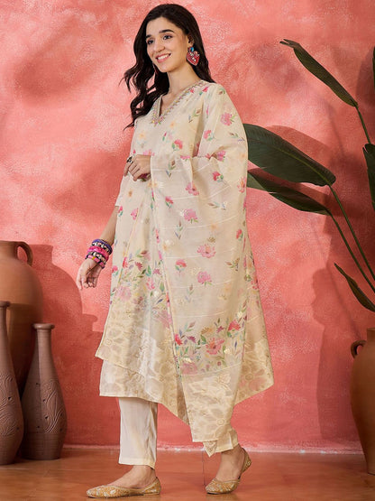 Dhiyona SN Women's Floral Printed Straight Kurta With Trouser & Dupatta