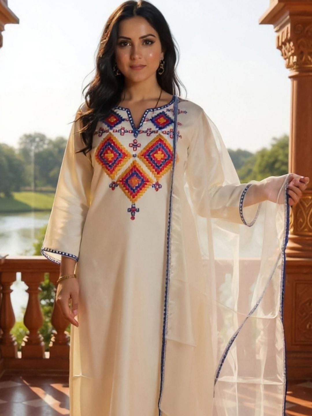 Dhiyona IE Women Embroidered Regular Thread Work Liva Kurta with Trousers & Dupatta