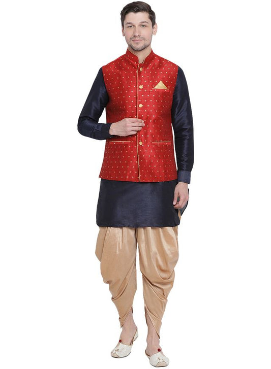 Men's Dark Blue Silk Blend Straight Jacket  Kurta and Dhoti Set