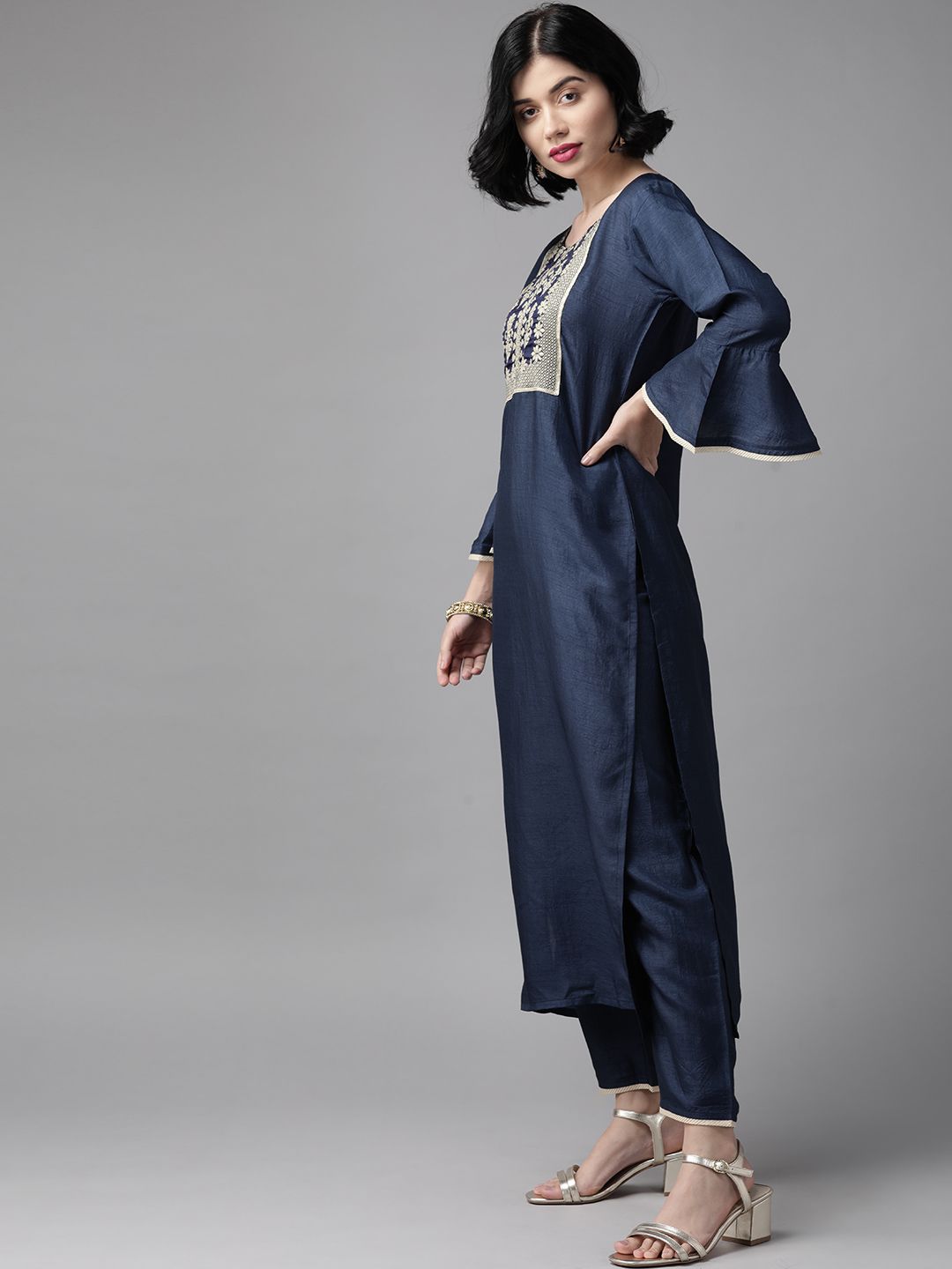 Dhiyona IE Women Navy Blue & Golden Yoke Design Kurta with Trousers & Dupatta