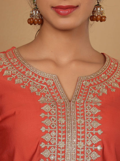 Dhiyona VA Women'sYoke Design Zari Embroidered Sequinned Kurta with Trousers & Dupatta