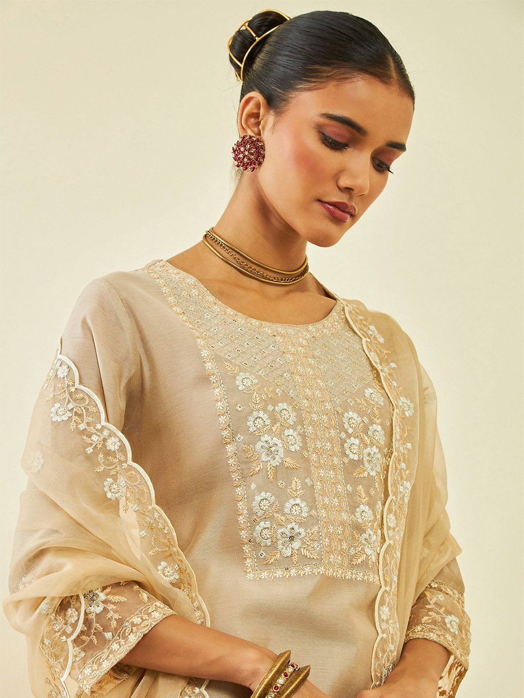 Dhiyona SO Women's Floral Embroidered Sequinned Chanderi Silk Straight Kurta With Trousers & Dupatta