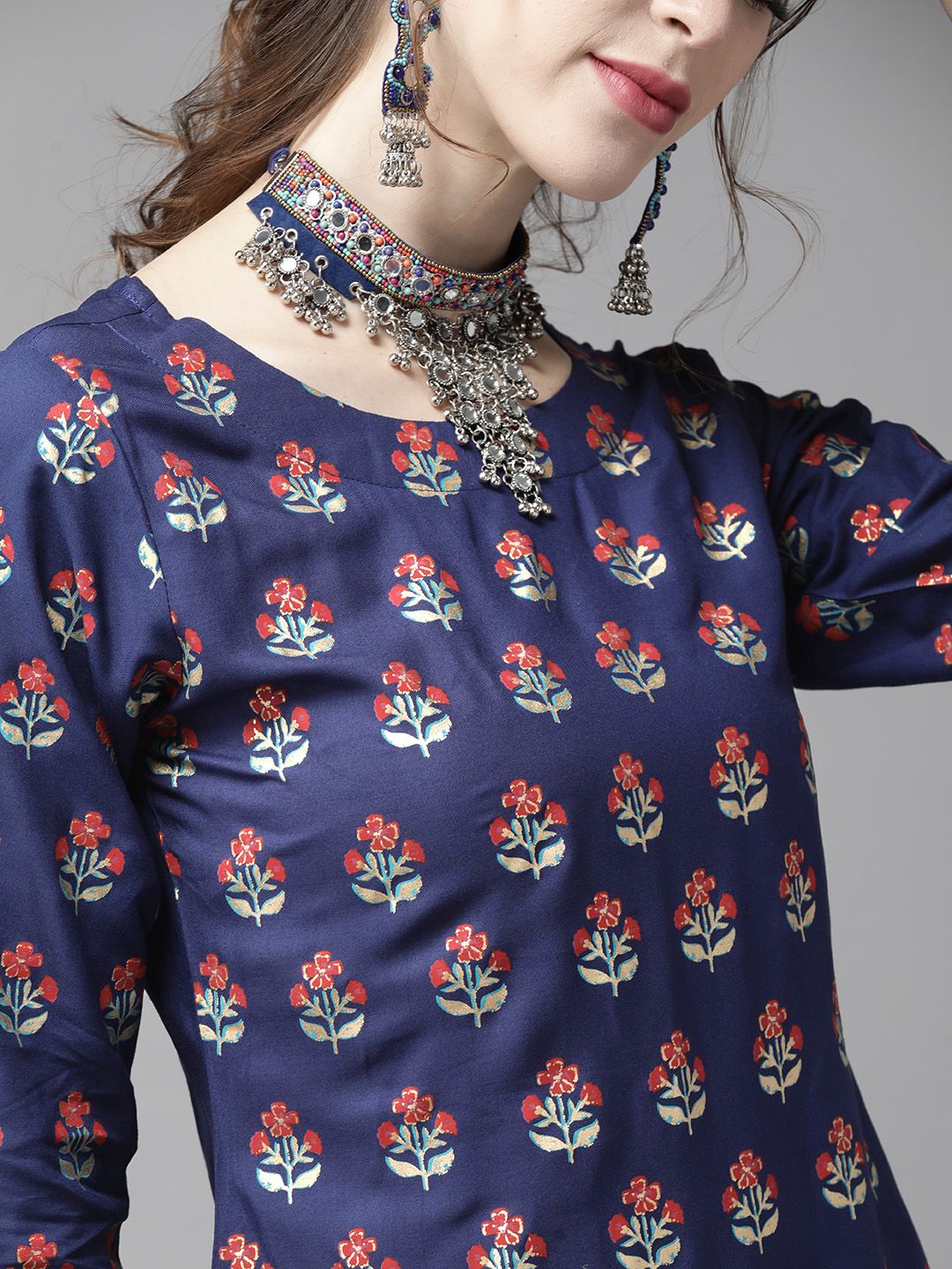 Blue & Red Romantic Floral Printed Kurta with Palazzos and Dupatta