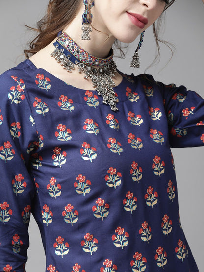 Blue & Red Romantic Floral Printed Kurta with Palazzos and Dupatta