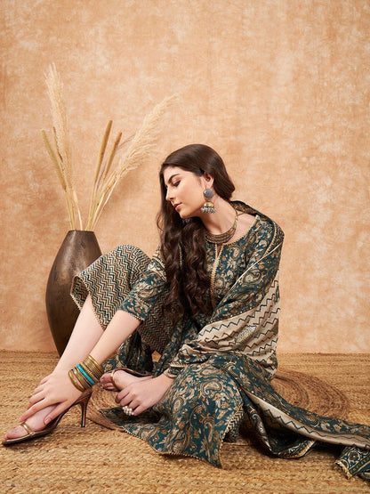 Dhiyona SN Women's Ethnic Motifs Printed Pure Cotton Kurta With Palazzo & Dupatta