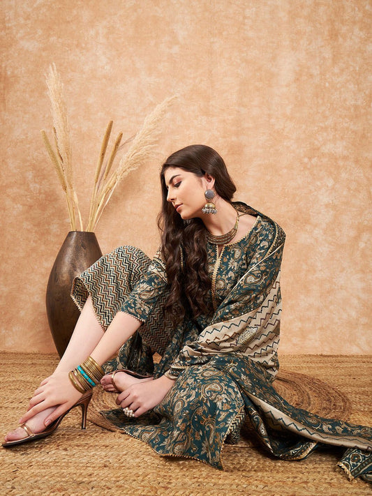 Dhiyona SN Women's Ethnic Motifs Printed Pure Cotton Kurta With Palazzo & Dupatta