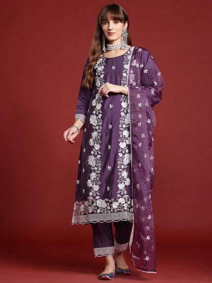 Dhiyona IE Floral Embroidered Thread Work Kurta With Trousers & Dupatta