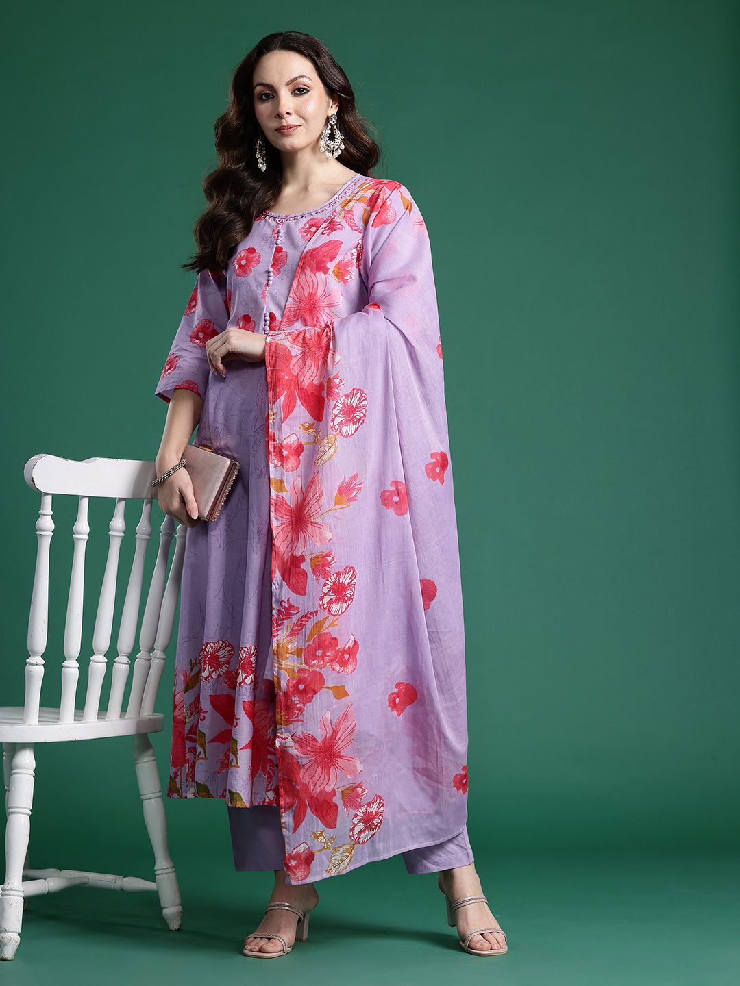 Dhiyona IE Floral Printed Regular Pure Cotton Kurta with Trousers & Dupatta