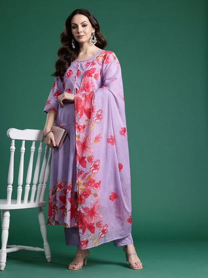 Floral Printed Regular Pure Cotton Kurta with Trousers & Dupatta