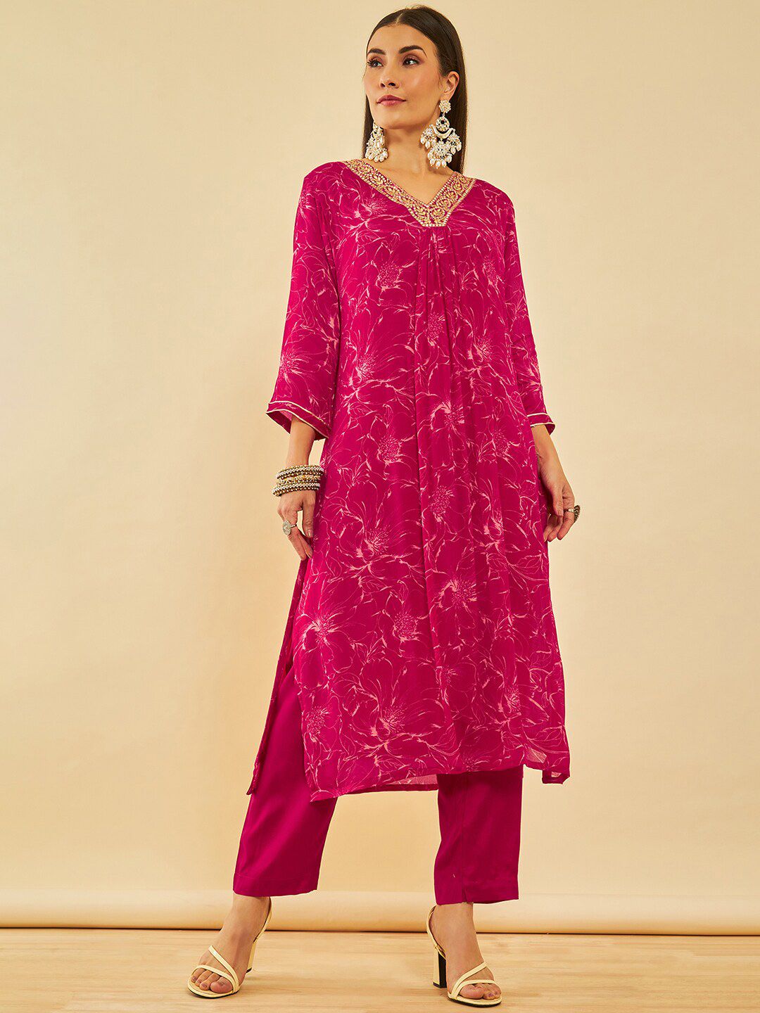 Dhiyona SO Women's Floral Embroidered Regular Gotta Patti Kurta with Trousers & Dupatta