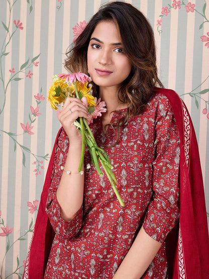 Dhiyona OD  Floral Printed Regular Pure Cotton Kurta with Trousers & Dupatta