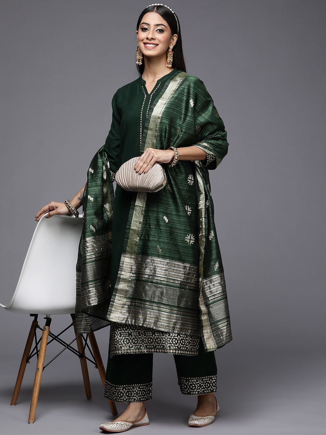 Dhiyona IE Women Green Patchwork Kurta with Palazzos & With Dupatta
