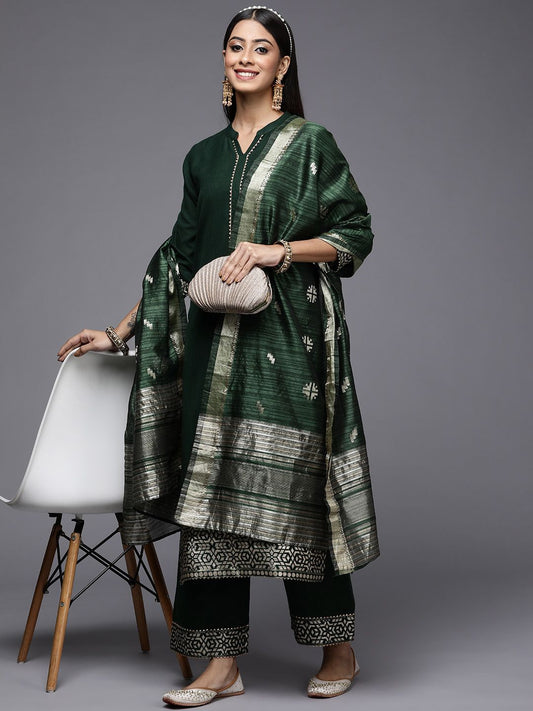 Women Green Patchwork Kurta with Palazzos & With Dupatta