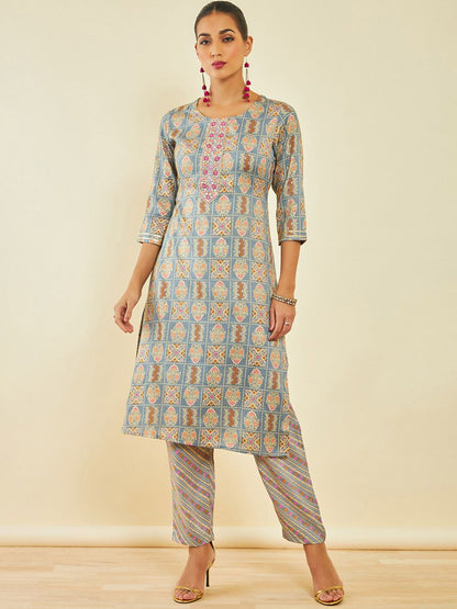 Dhiyona SO Women's Grey Ethnic Motifs Printed Gotta Patti Straight Kurta With Trousers