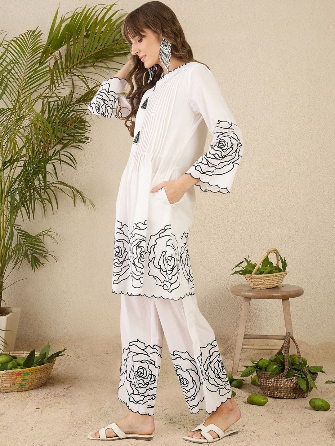 Women Floral Printed Pleated Mirror Work Pure Cotton Kurta with Palazzos