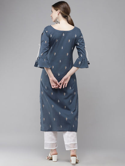 Dhiyona IE Women Navy Blue Printed Bell Sleeves Kurta