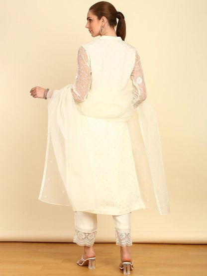 Dhiyona SO Women's Floral Embroidered Sequinned Mandarin Collar Straight Kurta With Trousers & Dupatta