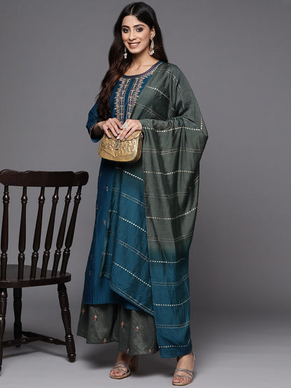 Dhiyona VA Women'sEthnic Motifs Thread Embroidered Sequinned Kurta with Sharara & Dupatta