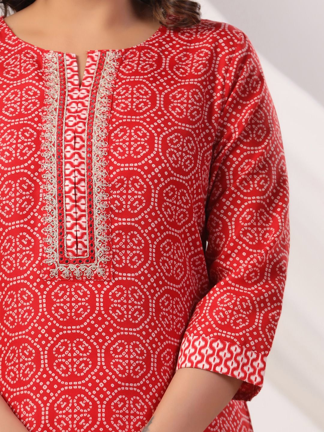 Bandhani Printed Notch Neck Pure Cotton Kurta With Trousers & Dupatta