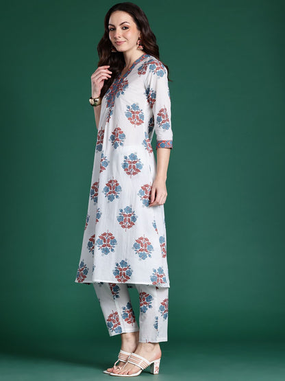 Floral Printed Pure Cotton Kurta with Trousers