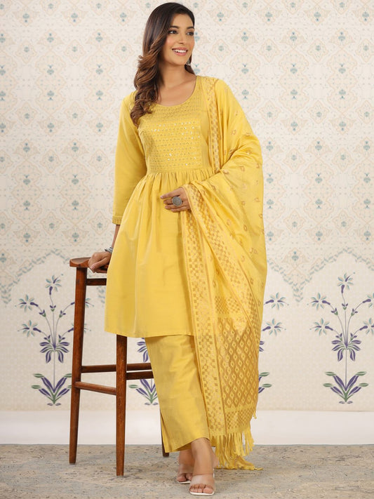 Dhiyona OD  Ethnic Motifs Yoke Design Sequinned Kurta with Trousers & Dupatta