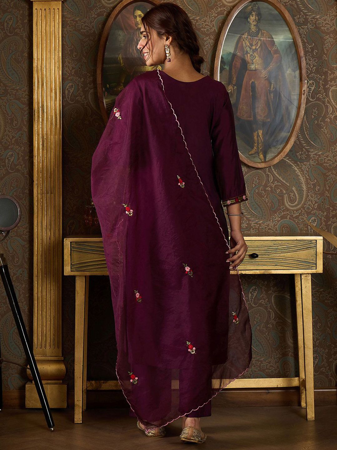 Dhiyona IE Floral Embroidered Kurta With Trousers & Dupatta
