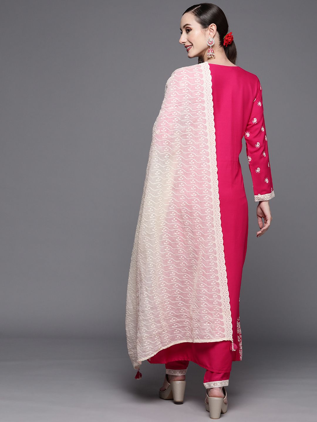 Dhiyona IE Women Pink Ethnic Motifs Embroidered Sequinned Kurta with Trousers & With Dupatta
