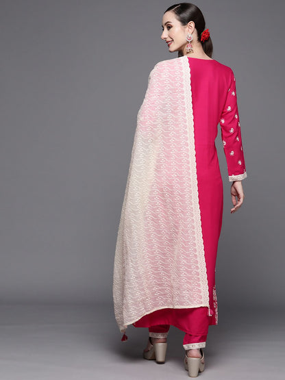 Dhiyona IE Women Pink Ethnic Motifs Embroidered Sequinned Kurta with Trousers & With Dupatta