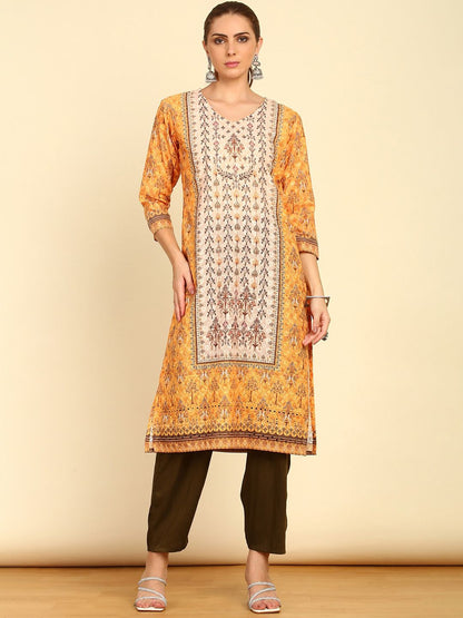 Dhiyona SO Women's Women Floral Printed Sequinned V-Neck Straight Kurta With Trousers & Dupatta