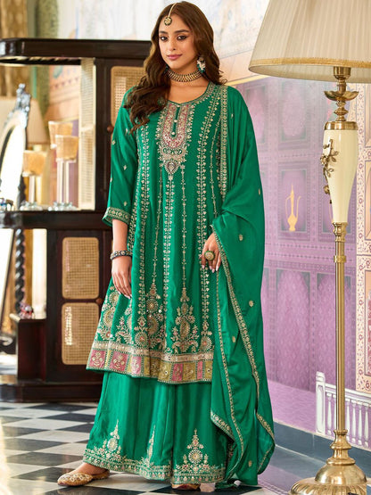 Floral Embroidered Mirror Work Round Neck Anarkali Kurta With Palazzos & Dupatta