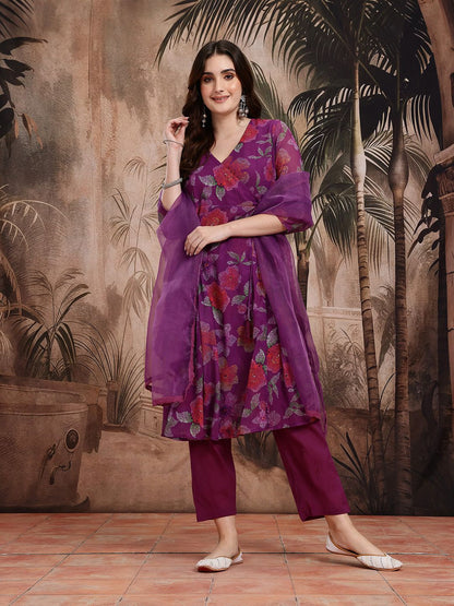 Dhiyona SN Women's Floral Print Angrakha Kurta with Trousers & Dupatta