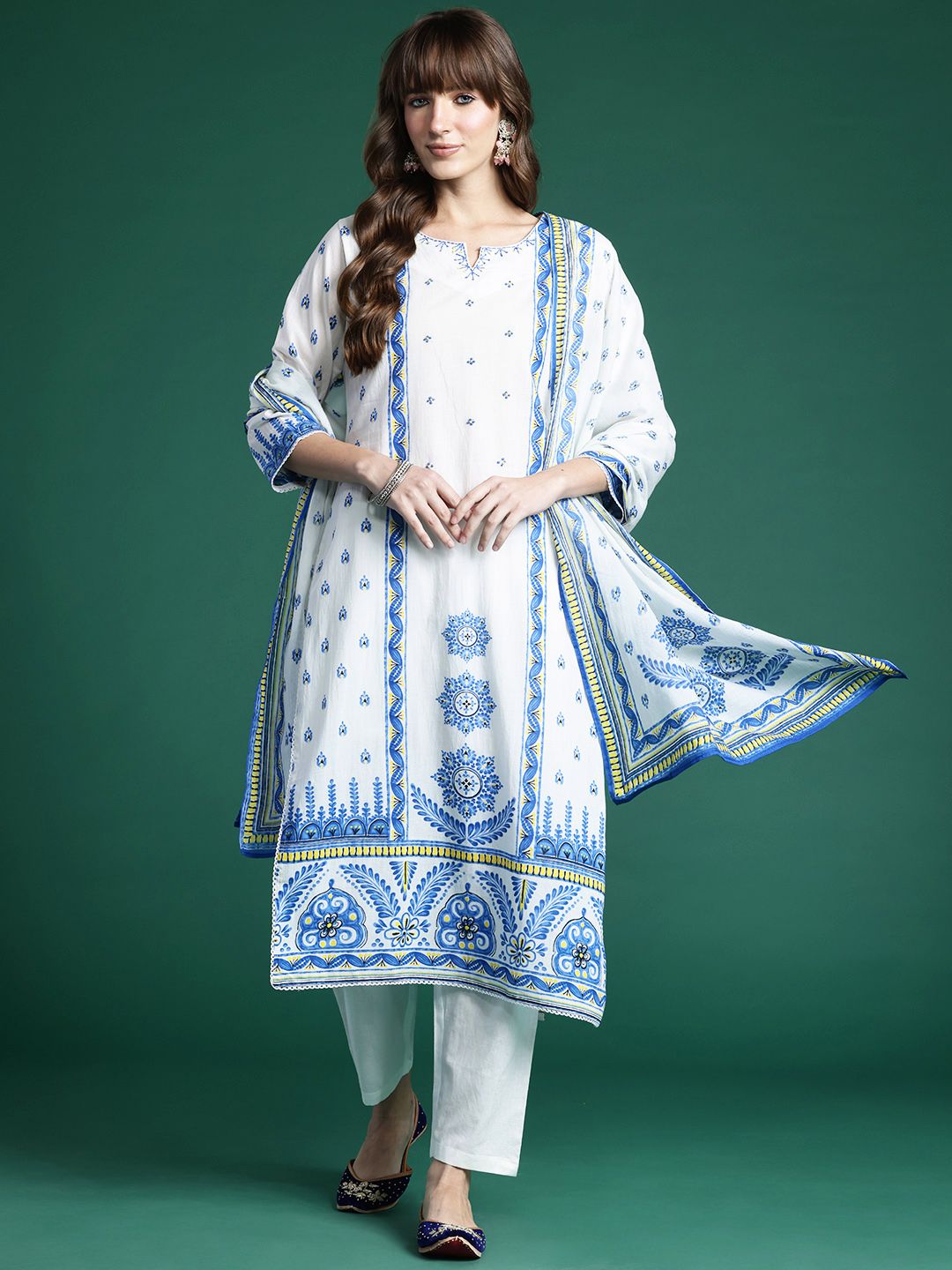 Dhiyona IE Ethnic Motifs Printed Panelled Pure Cotton Kurta with Trousers & Dupatta