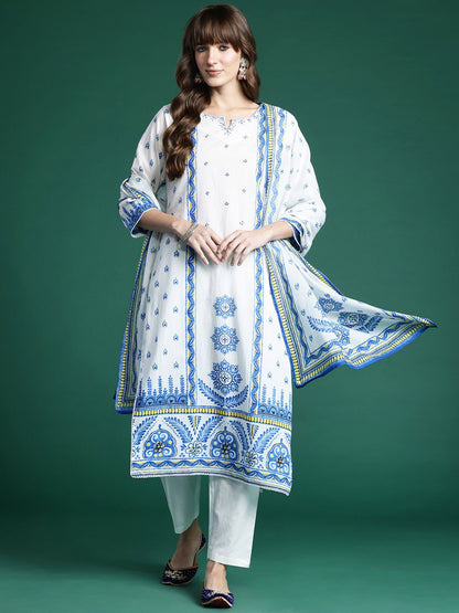 Dhiyona IE Ethnic Motifs Printed Panelled Pure Cotton Kurta with Trousers & Dupatta