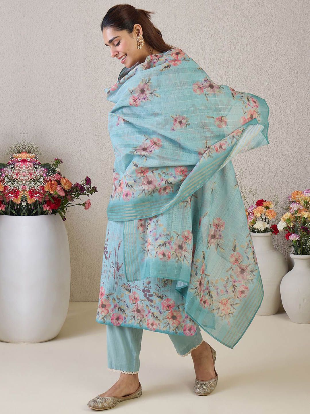 Dhiyona IE Women Floral Embroidered Linen Kurta with Trousers & Dupatta