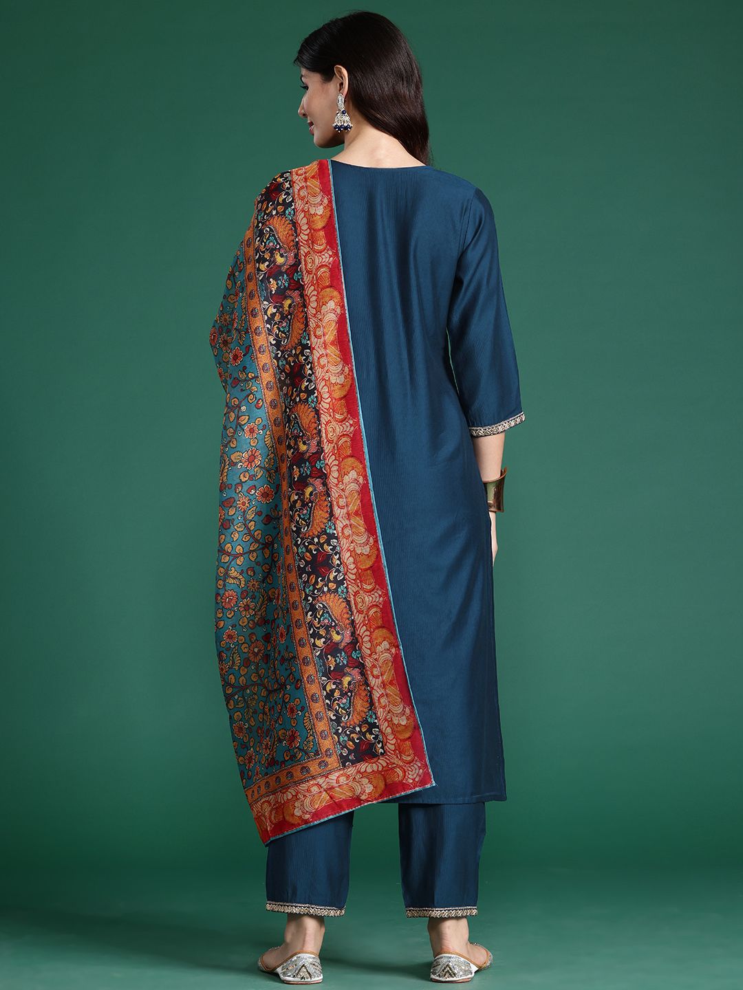 Ethnic Motifs Embroidered Sequinned Liva Kurta With Trousers & Dupatta