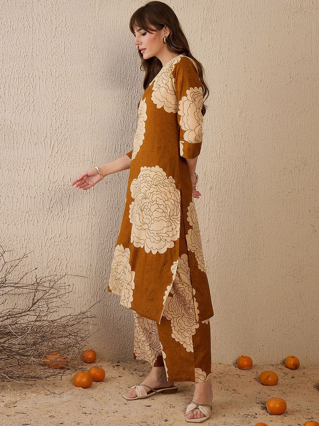 Dhiyona IE Floral Printed V-Neck Pure Cotton Tunic With Palazzo