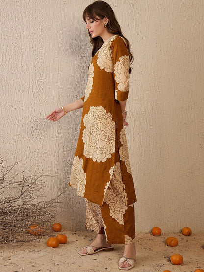 Dhiyona IE Floral Printed V-Neck Pure Cotton Tunic With Palazzo