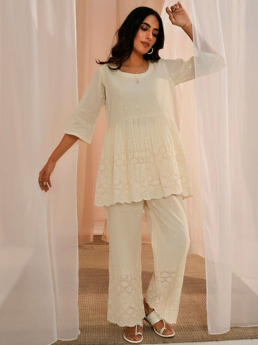 Dhiyona LB Women's Off White Self Design Round Neck Pure Cotton Flared Anarkali Kurta With Palazzo