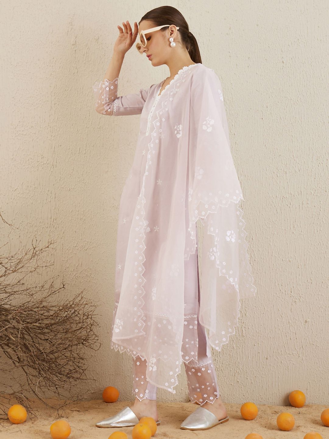 Dhiyona IE Floral Embroidered V-Neck Thread Work Kurta with Trousers & With Dupatta