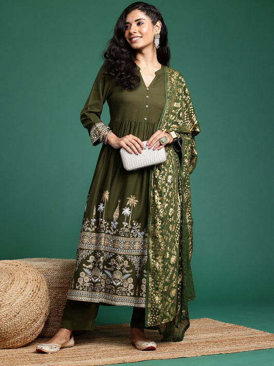 Dhiyona SN Women's Floral Printed Regular Kurta with Trousers & Dupatta