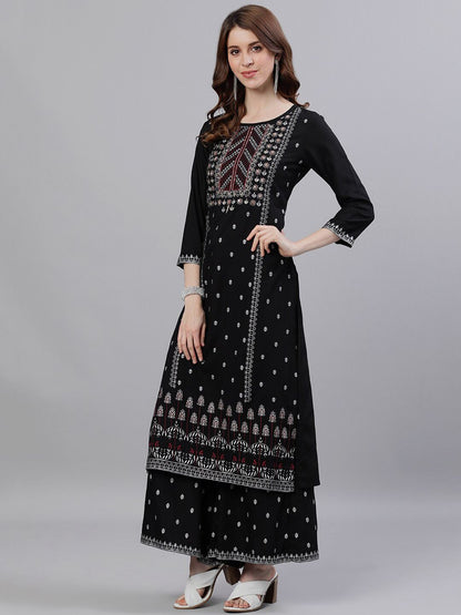 Dhiyona IS Women's Women Black Ethnic Motifs Printed Panelled Kurta with Palazzos & Dupatta