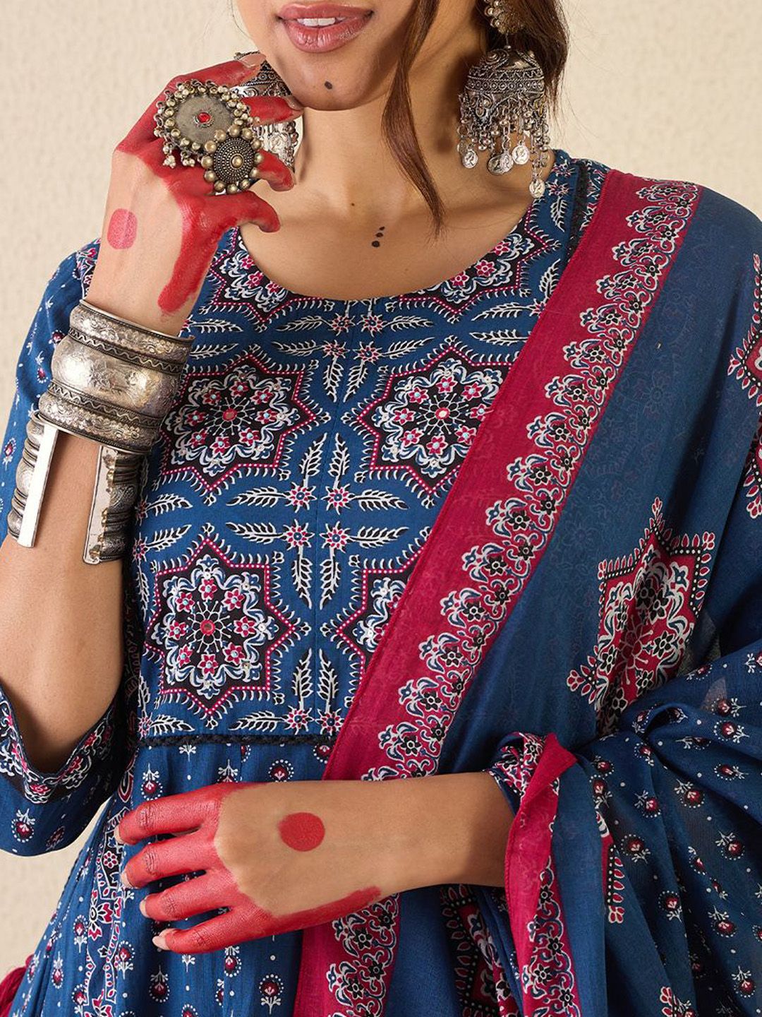 Ethnic Motifs Printed A Line Pure Cotton Kurta With Trousers & Dupatta